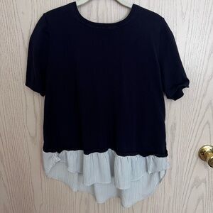 Navy Blue Knit Top with Striped Peplum Detail